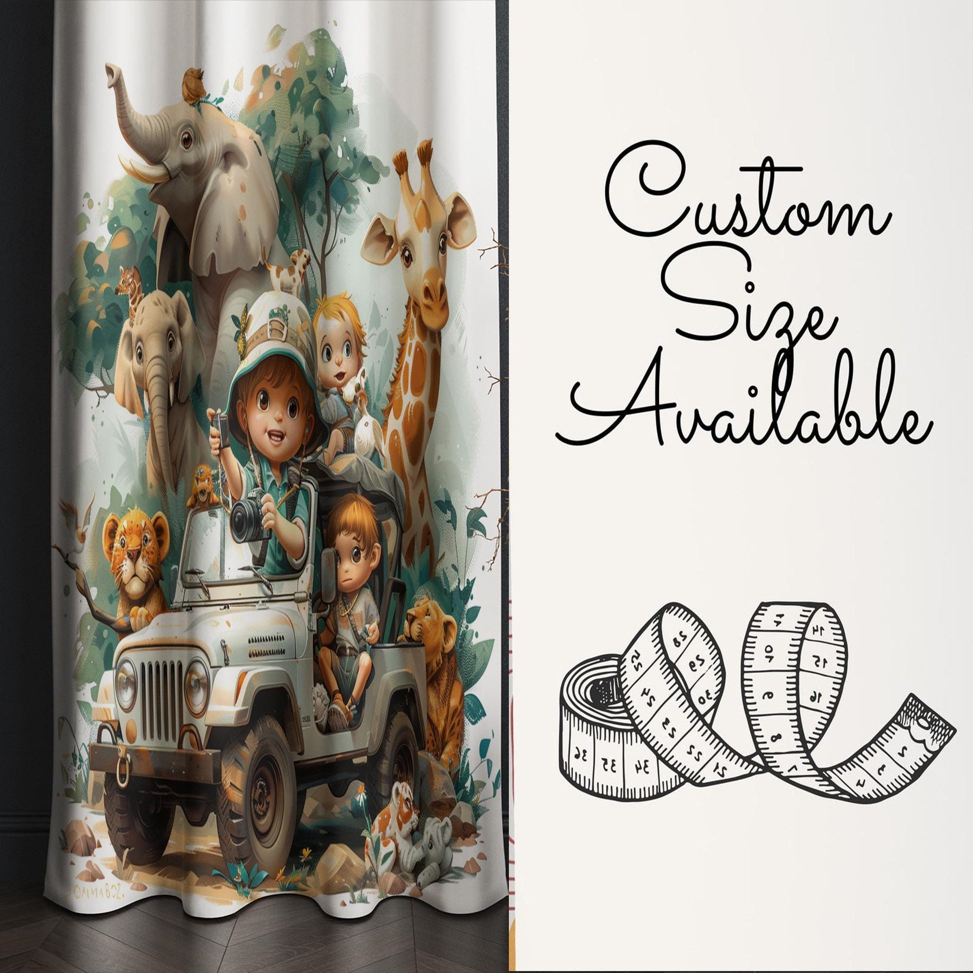 Safari Car Woodland Animals Nursery Kids Curtains & Nursery Window Drapes, Custom Size, Gift Pillow Covers for Toddler Room Decor