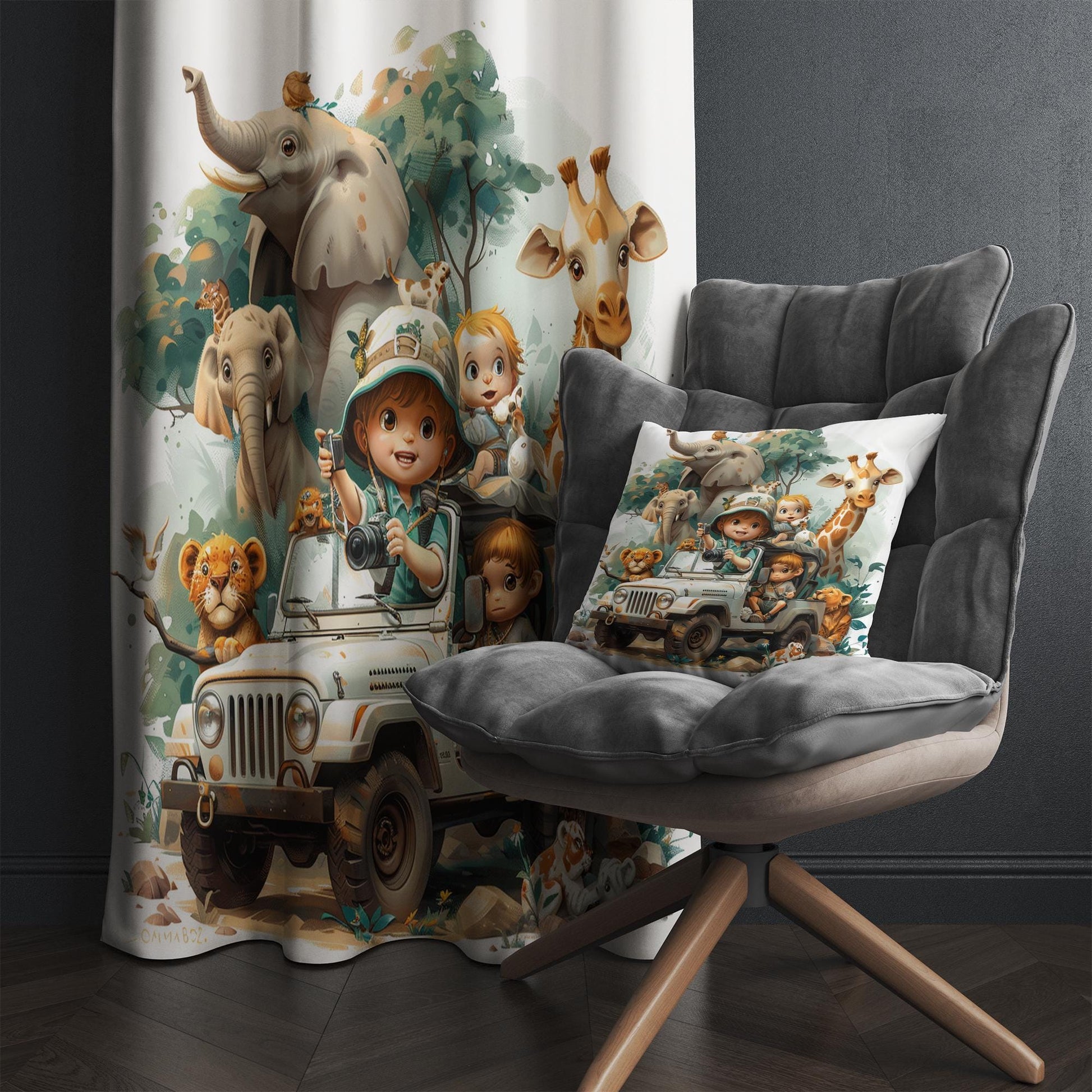 Safari Car Woodland Animals Nursery Kids Curtains & Nursery Window Drapes, Custom Size, Gift Pillow Covers for Toddler Room Decor
