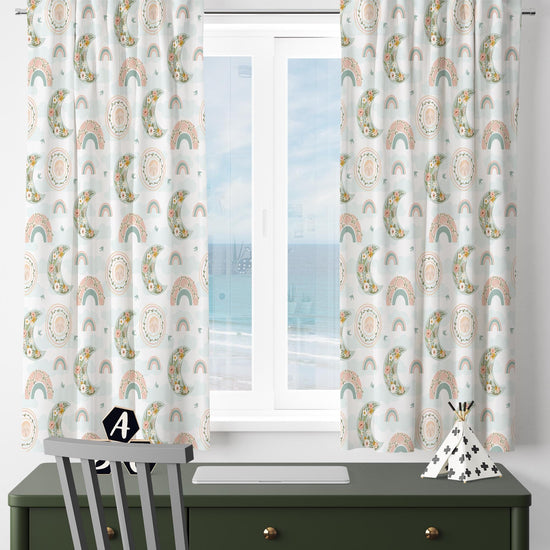 Boho Moon Rainbow Floral Flowers Nursery Kids Curtains & Nursery Window Drapes, Custom Size, Gift Pillow Covers for Toddler Room Decor
