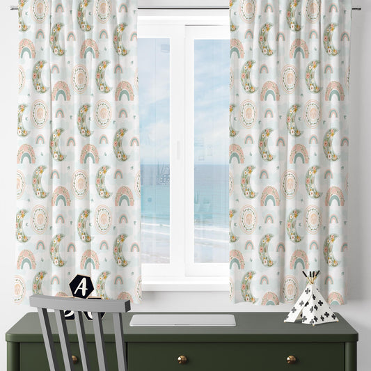 Boho Moon Rainbow Floral Flowers Nursery Kids Curtains & Nursery Window Drapes, Custom Size, Gift Pillow Covers for Toddler Room Decor