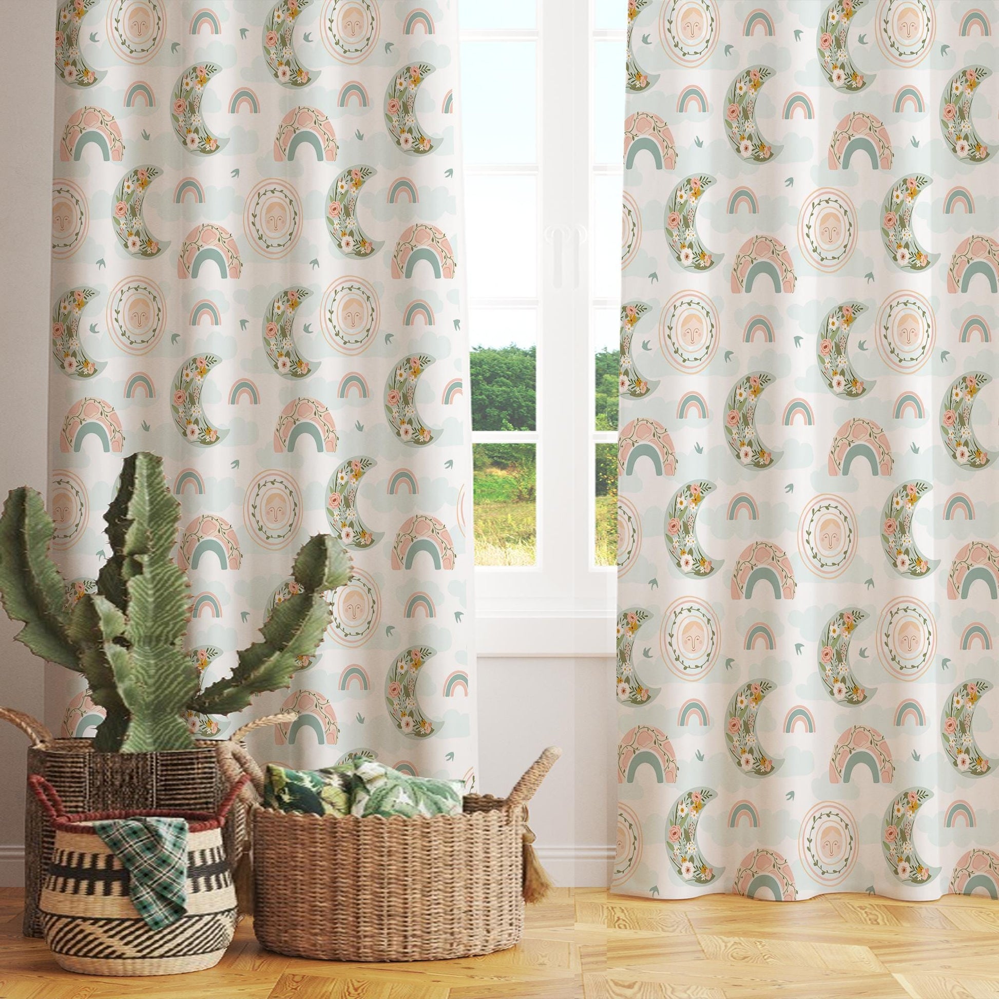 Boho Moon Rainbow Floral Flowers Nursery Kids Curtains & Nursery Window Drapes, Custom Size, Gift Pillow Covers for Toddler Room Decor