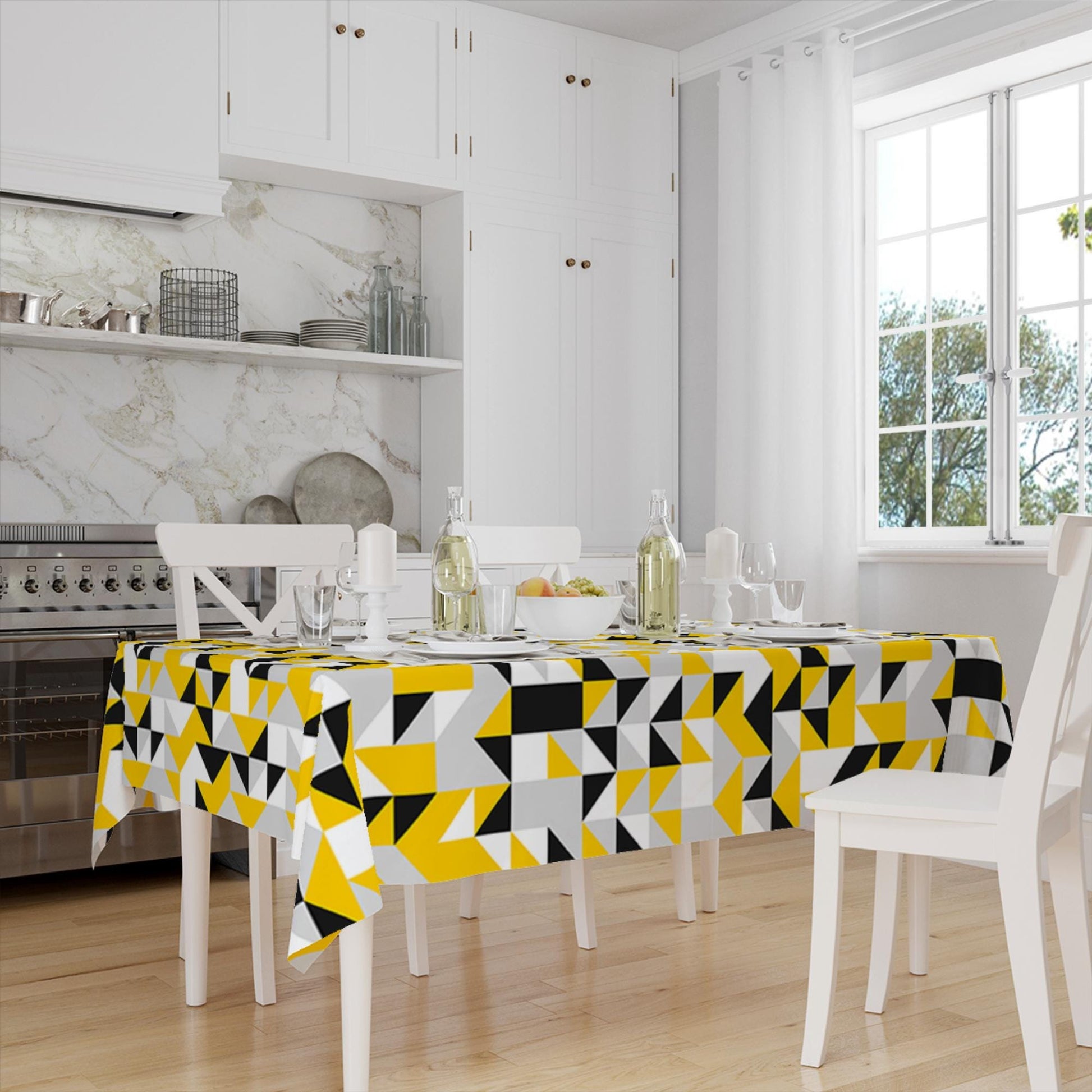 Yellow Gray Black Abstract Triangles Geometric Pattern Table Cloth, Modern Dining Accent Table Cover, Modern Minimal Home Decor