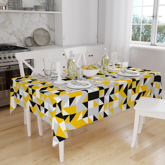 Yellow Gray Black Abstract Triangles Geometric Pattern Table Cloth, Modern Dining Accent Table Cover, Modern Minimal Home Decor
