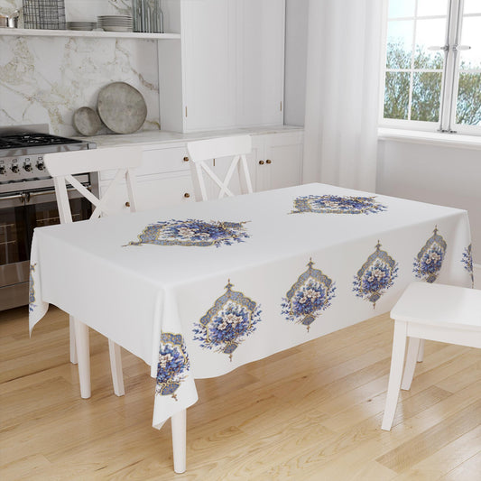 Victorian Blue Floral Flowers Botanical Pattern White Background Tablecloth, Modern Dining Accent Table Cover, Modern Kitchen Home Decor