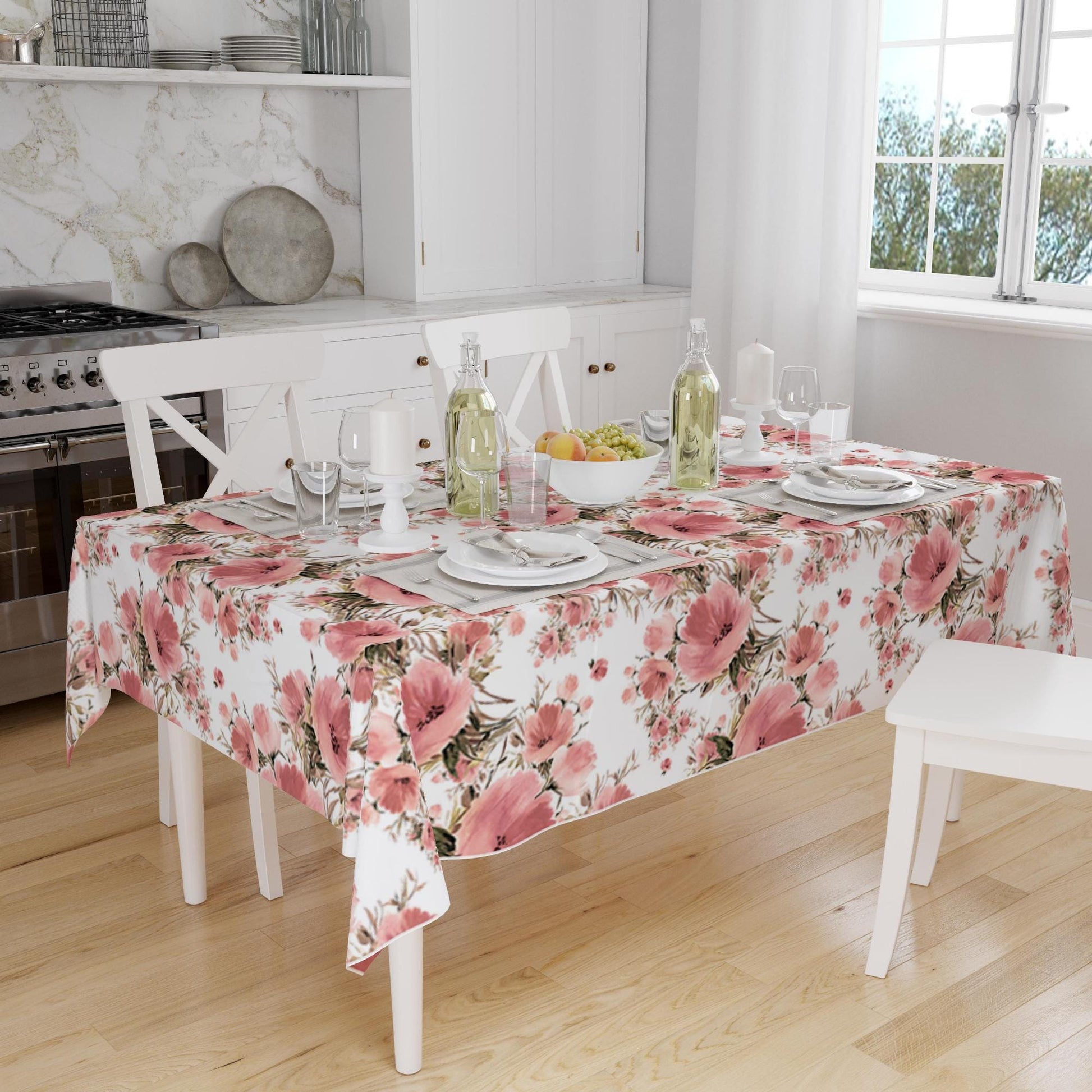 Pink Roses Floral Flowers Spring Botanical Pattern Tablecloth, Modern Dining Accent Table Cover, Modern Kitchen Home Decor