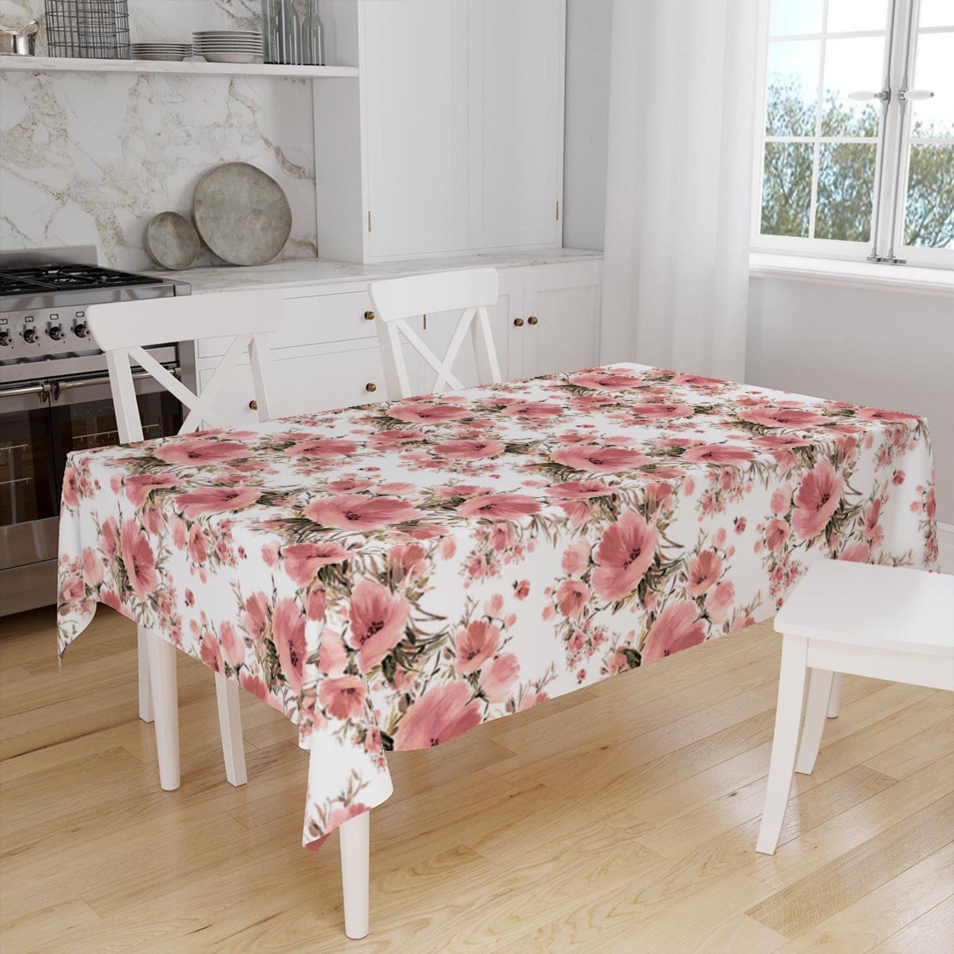Pink Roses Floral Flowers Spring Botanical Pattern Tablecloth, Modern Dining Accent Table Cover, Modern Kitchen Home Decor