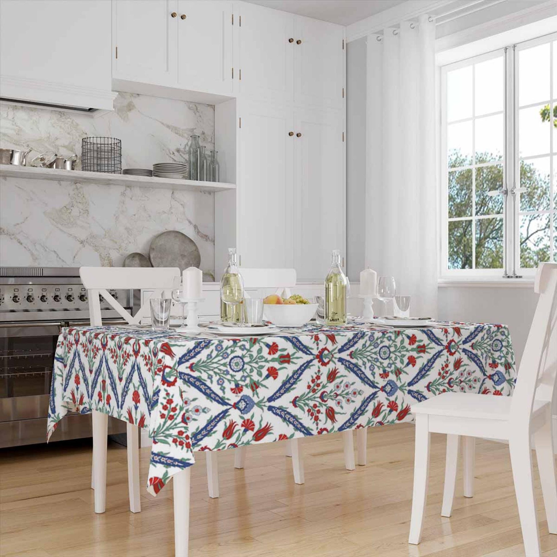 Red Tulips Floral Flowers Spring Botanical Ottoman Turkish Tablecloth, Modern Dining Accent Table Cover, Modern Kitchen Home Decor