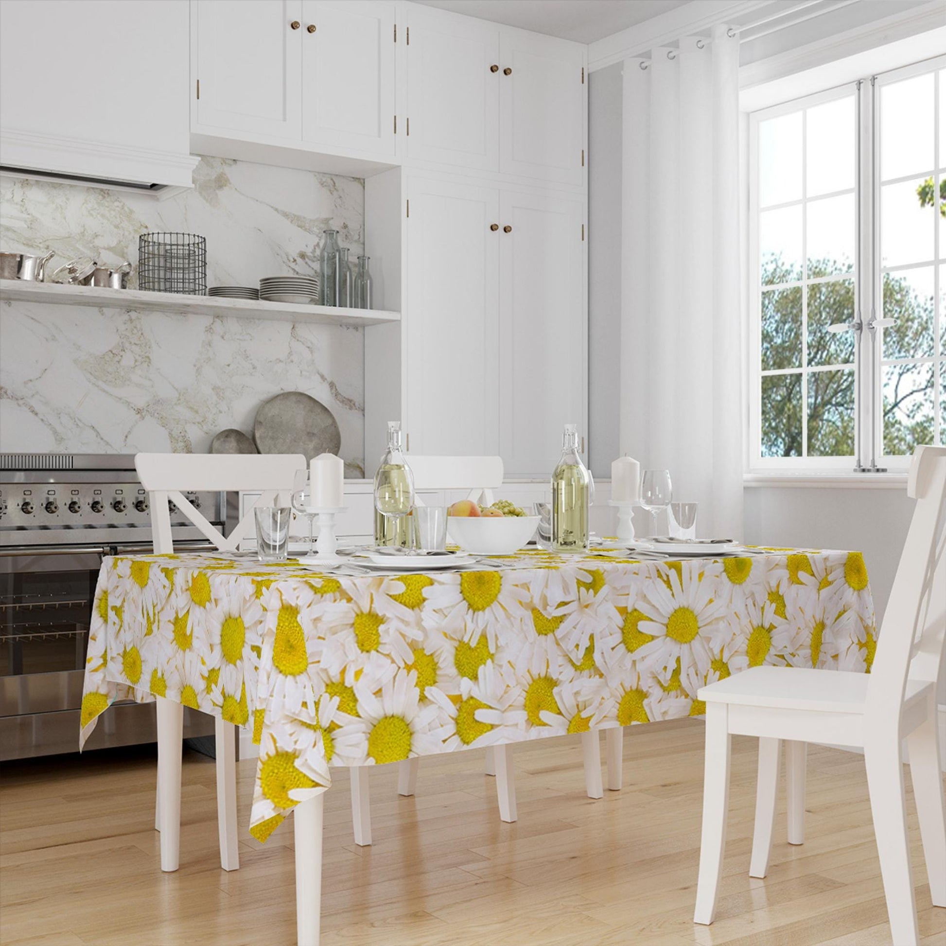 Yellow Daisy Floral Flowers Botanical Summer Tablecloth, Modern Dining Accent Table Cover, Modern Kitchen Home Decor