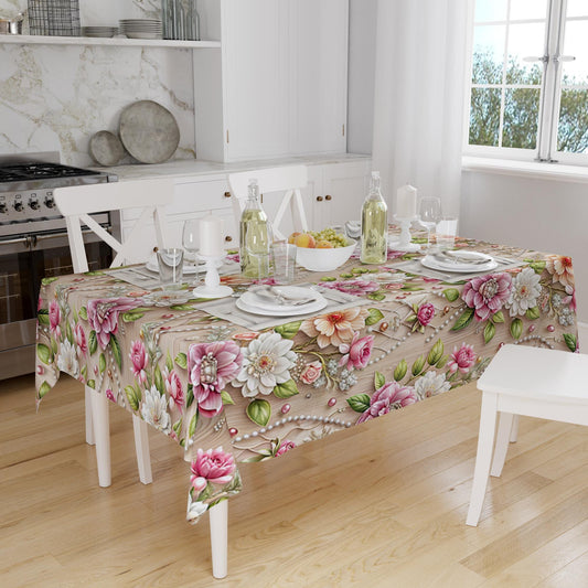 Pink White Peal Floral Flowers Botanical Summer Tablecloth, Modern Dining Accent Table Cover, Modern Kitchen Home Decor