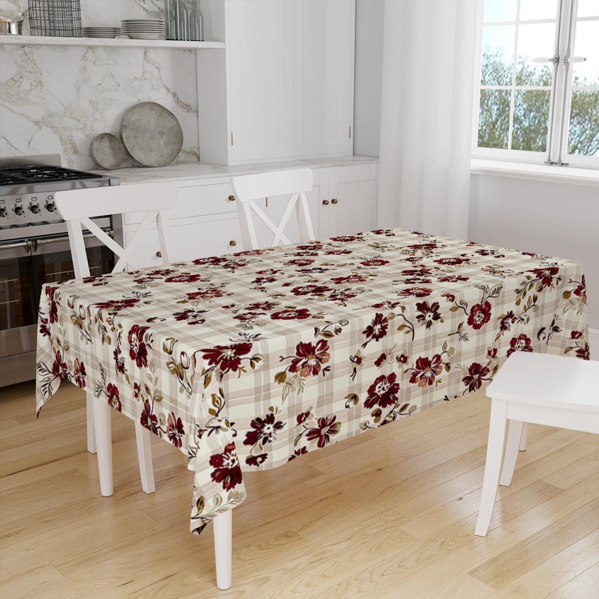 Burgundy Floral Flowers Retro Botanical Tablecloth, Modern Dining Accent Table Cover, Modern Kitchen Home Decor