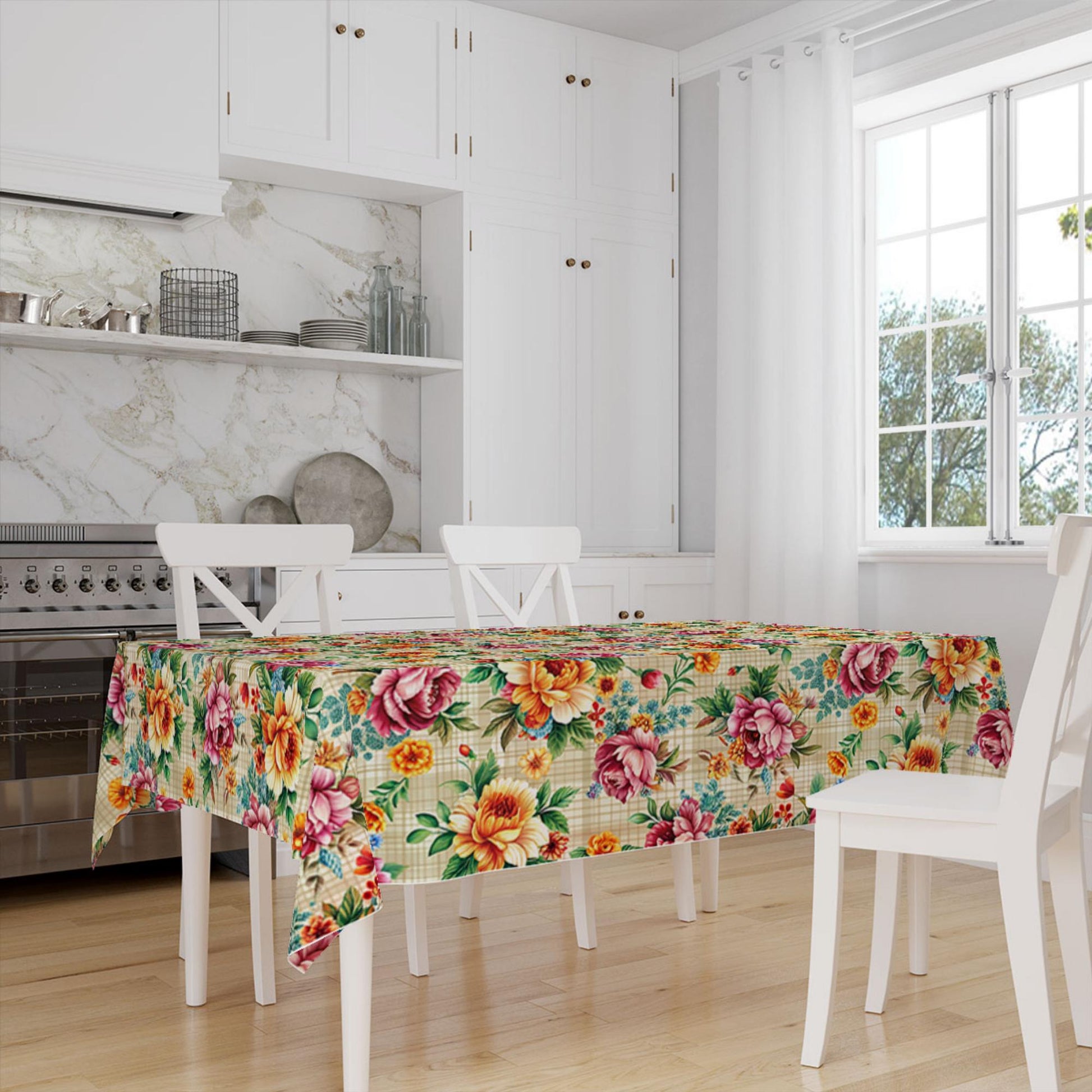 Colorful Summer Roses Floral Flowers Botanical Tablecloth, Modern Dining Accent Table Cover, Modern Kitchen Home Decor