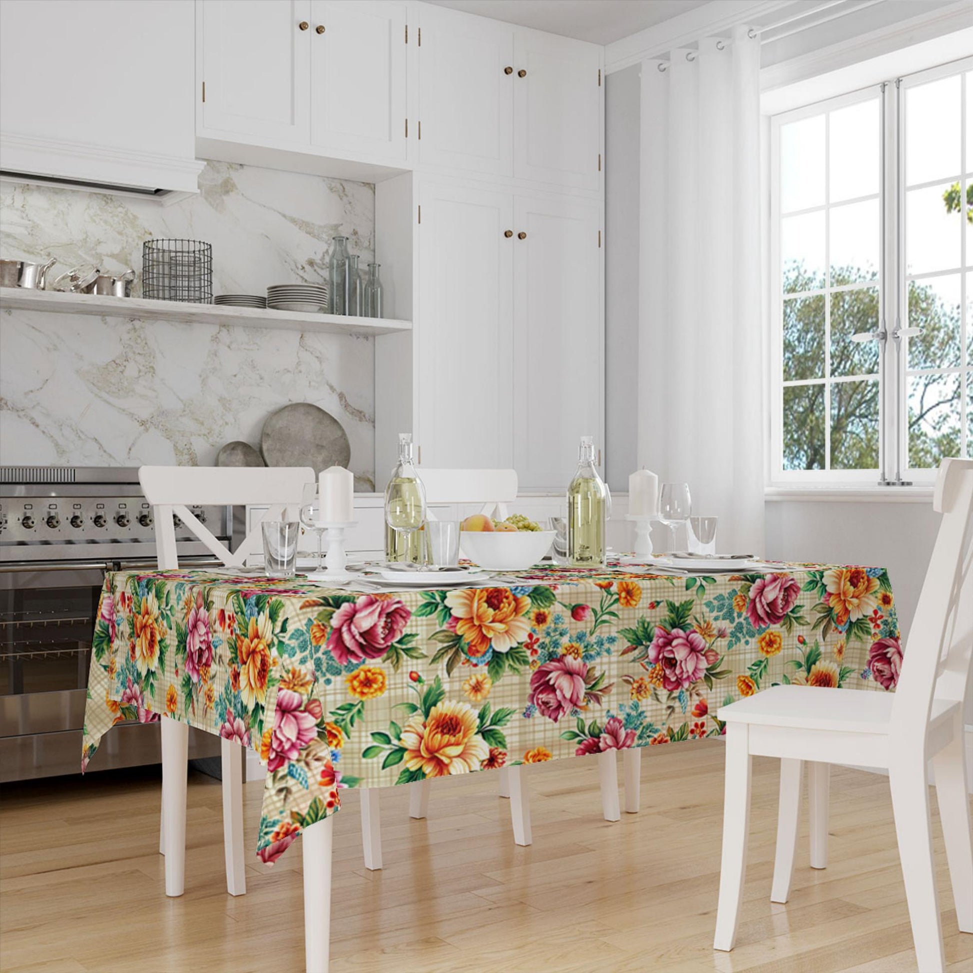 Colorful Summer Roses Floral Flowers Botanical Tablecloth, Modern Dining Accent Table Cover, Modern Kitchen Home Decor