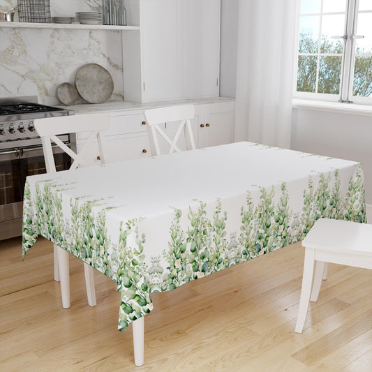 Green White Eucalyptus ivy Floral Flowers Botanical Tablecloth, Modern Dining Accent Table Cover, Modern Kitchen Home Decor