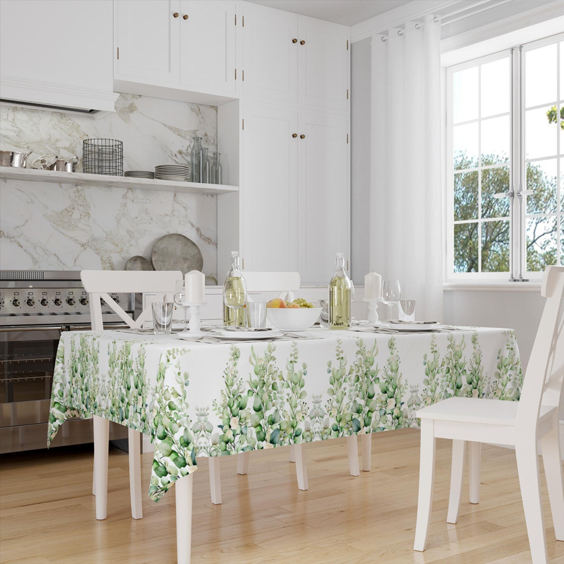 Green White Eucalyptus ivy Floral Flowers Botanical Tablecloth, Modern Dining Accent Table Cover, Modern Kitchen Home Decor
