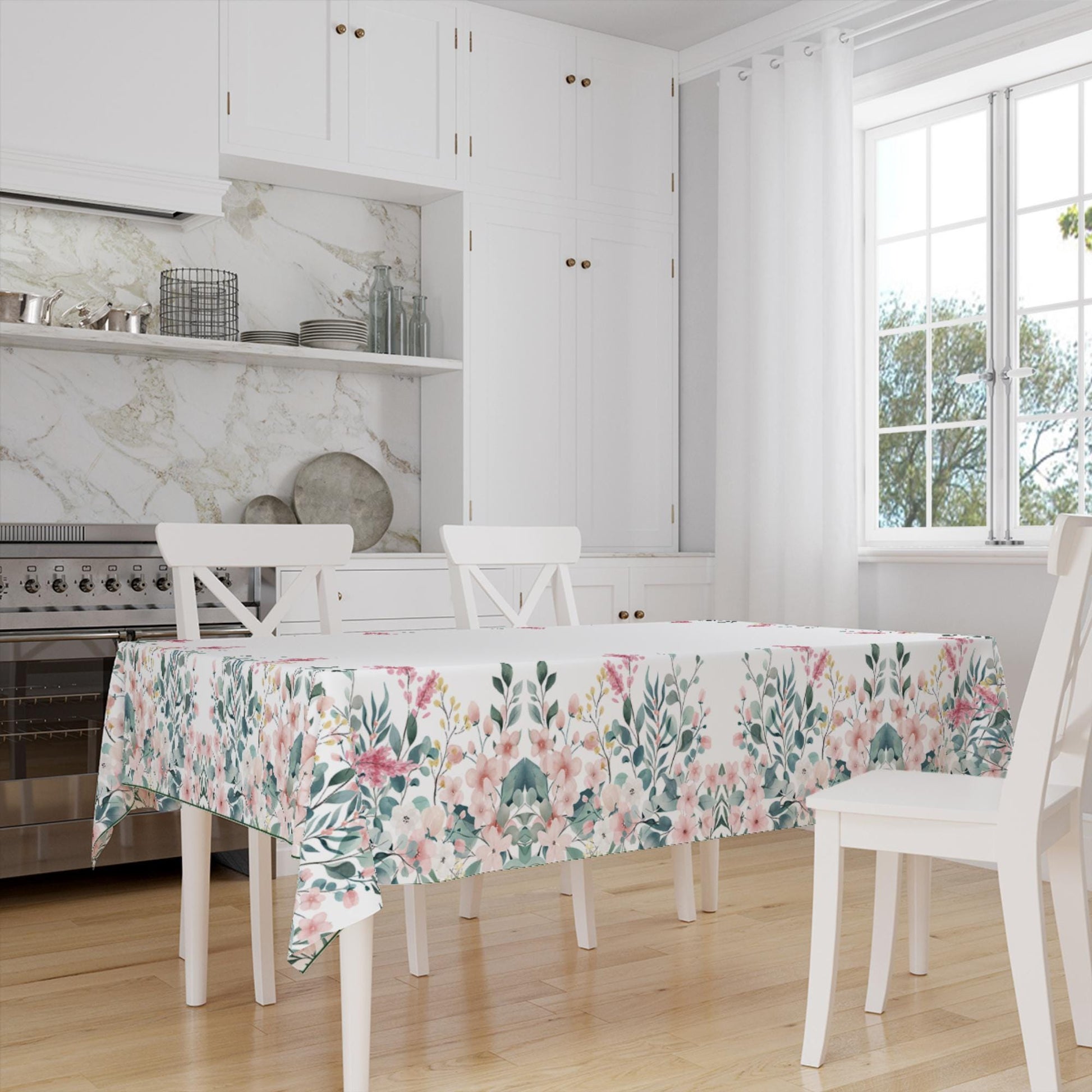 Pink Flowers Green ivy Floral Botanical Tablecloth, Modern Dining Accent Table Cover, Modern Kitchen Home Decor