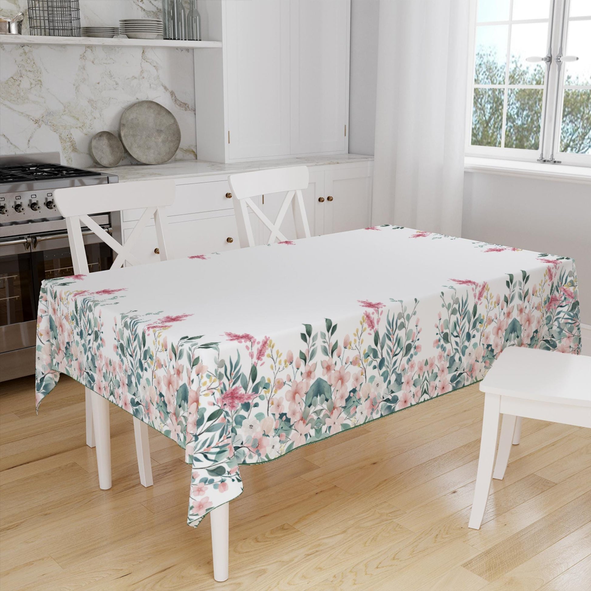 Pink Flowers Green ivy Floral Botanical Tablecloth, Modern Dining Accent Table Cover, Modern Kitchen Home Decor