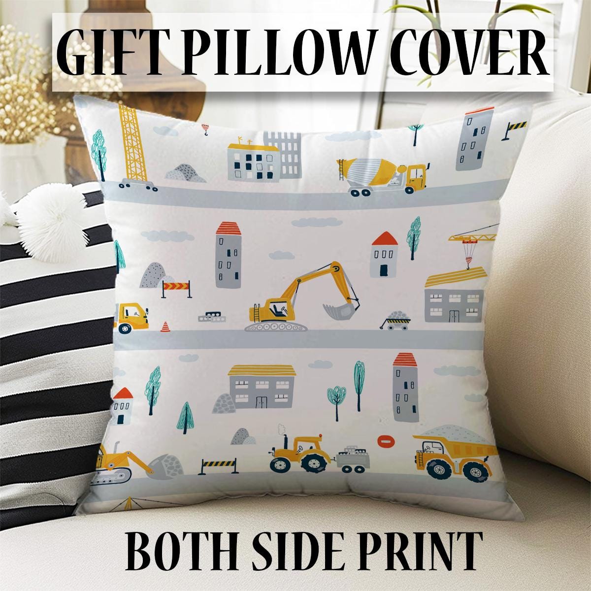 Construction Equipment Nursery Curtains Window Drapes, Custom Size Kids Room Decor, Gift Pillow Covers Toddler Room Houses, City Road Theme