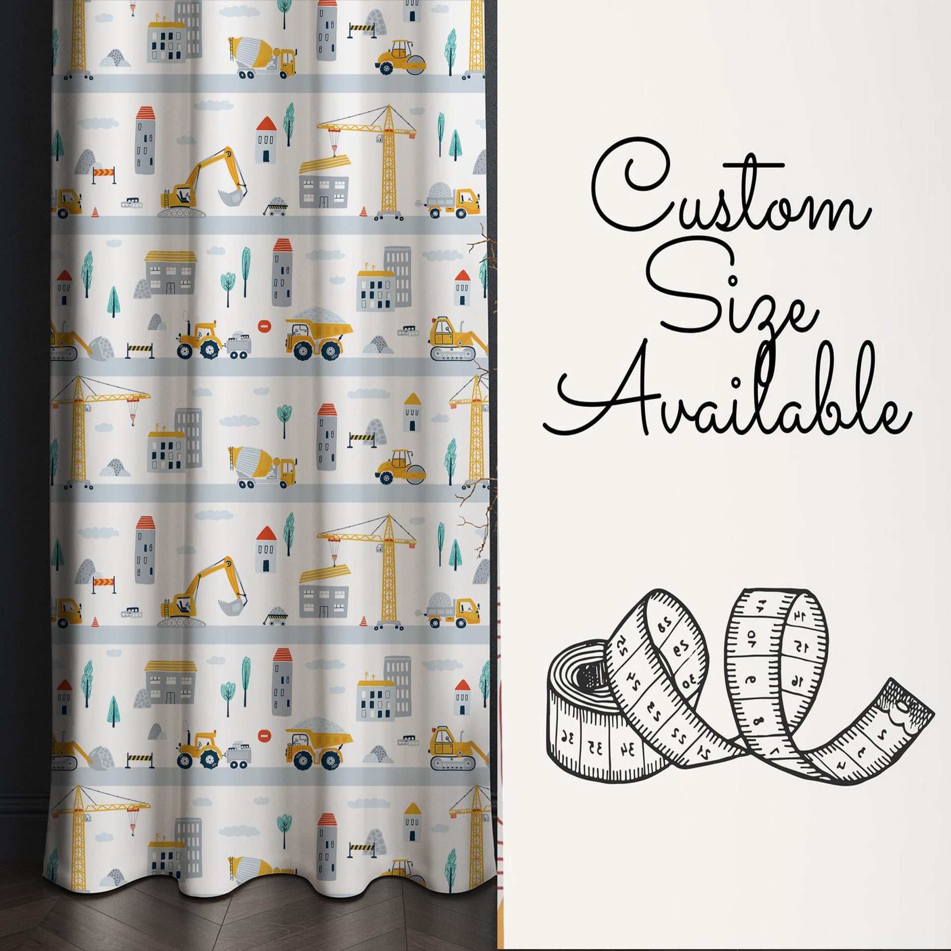 Construction Equipment Nursery Curtains Window Drapes, Custom Size Kids Room Decor, Gift Pillow Covers Toddler Room Houses, City Road Theme