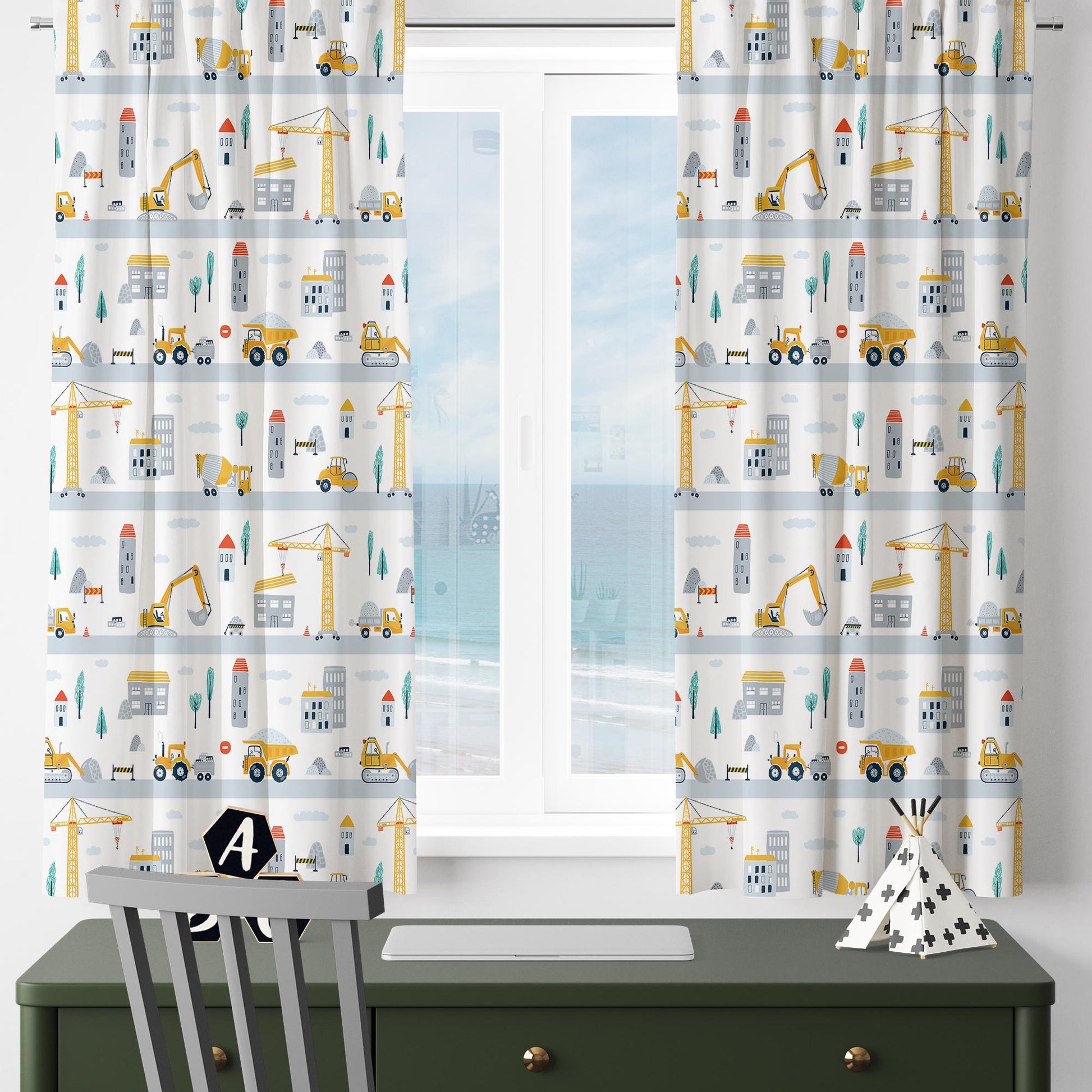Construction Equipment Nursery Curtains Window Drapes, Custom Size Kids Room Decor, Gift Pillow Covers Toddler Room Houses, City Road Theme