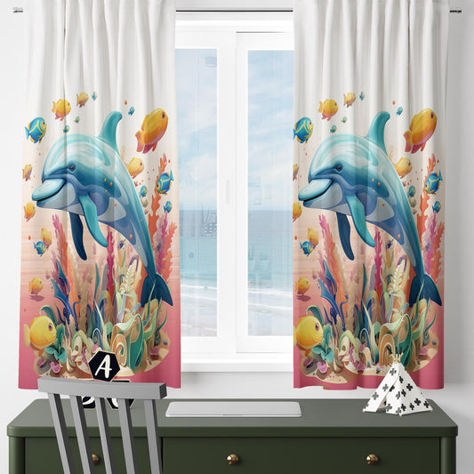 Dolphin Nursery Curtains, Under Sea Theme Kids Room Window Drapes, Custom Size, Girls Room Decor, Gift Pillow Covers
