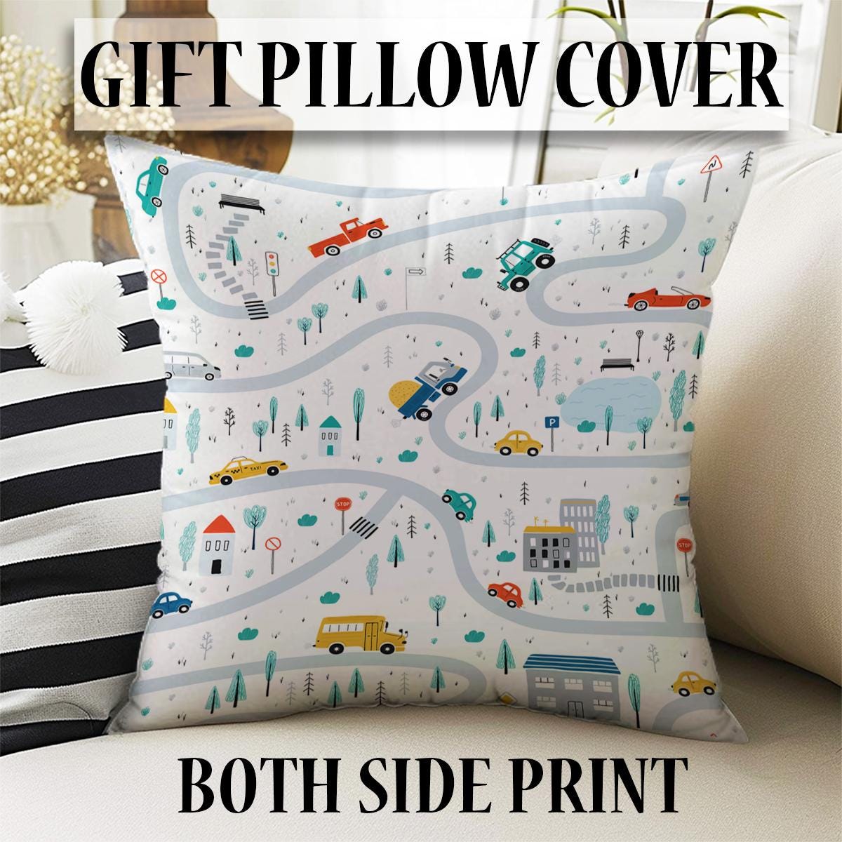Car City Road Map Nursery Curtains - Custom Size Kids Room Drapes & Pillow Covers, Toddler Room Decor, City Road Theme Gift