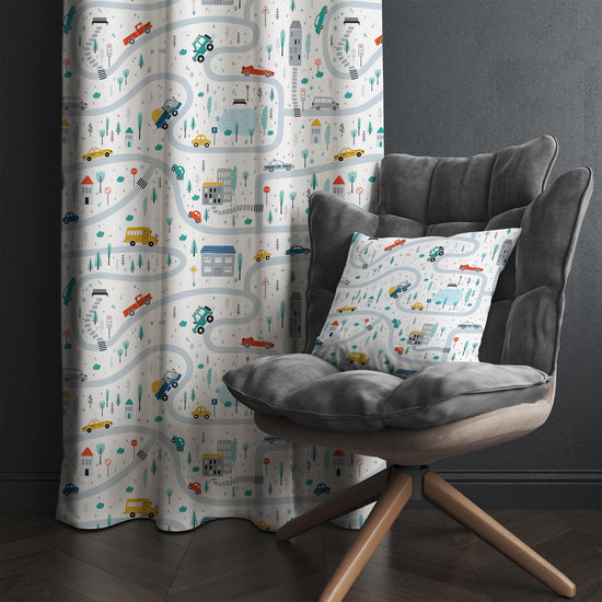 Car City Road Map Nursery Curtains - Custom Size Kids Room Drapes & Pillow Covers, Toddler Room Decor, City Road Theme Gift