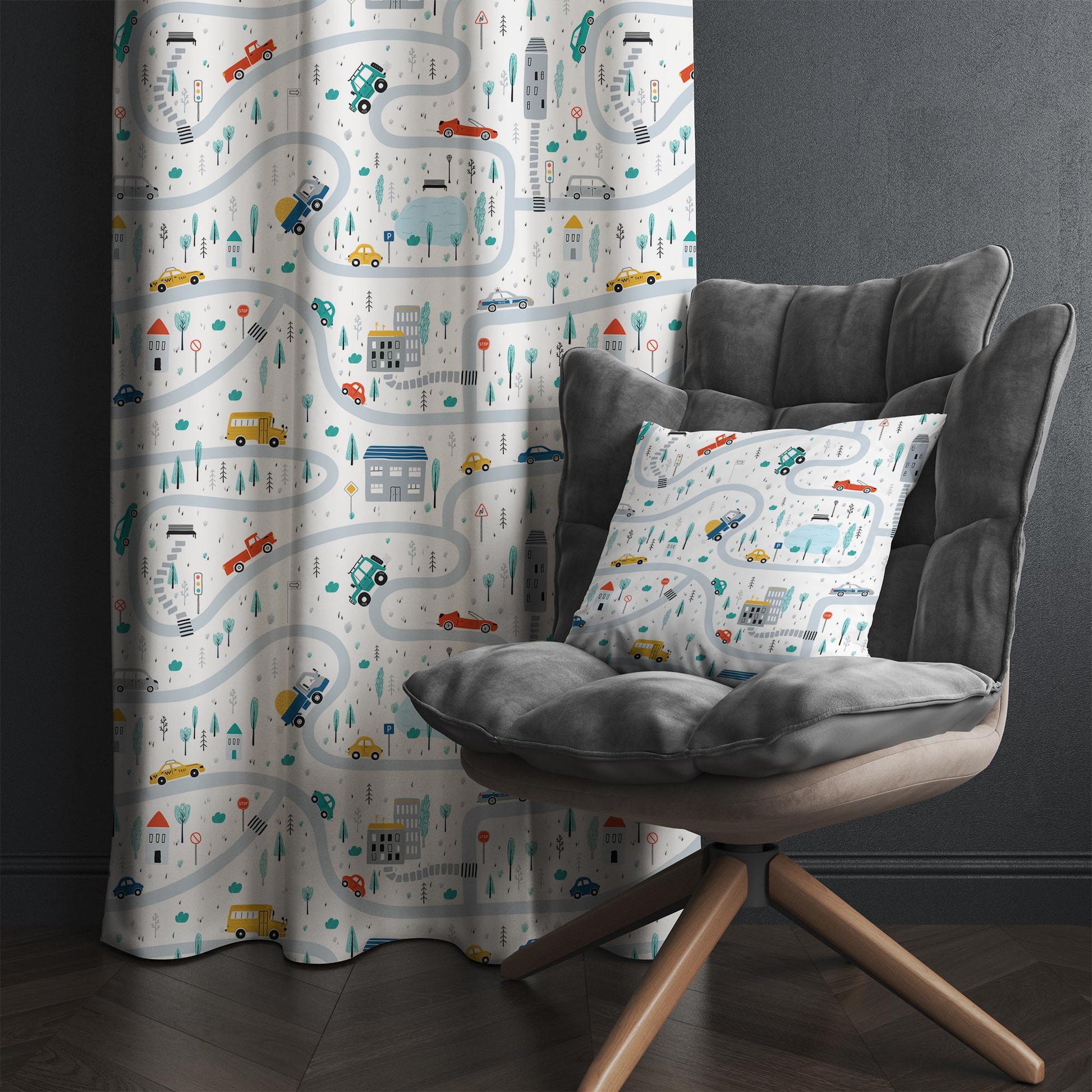 Car City Road Map Nursery Curtains - Custom Size Kids Room Drapes & Pillow Covers, Toddler Room Decor, City Road Theme Gift