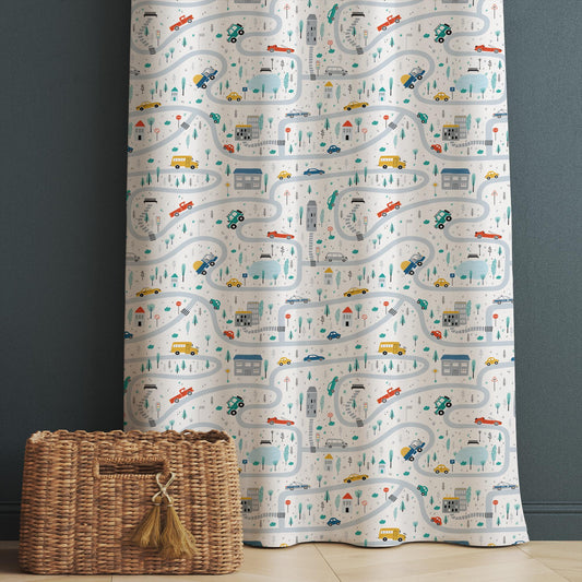 Car City Road Map Nursery Curtains - Custom Size Kids Room Drapes & Pillow Covers, Toddler Room Decor, City Road Theme Gift