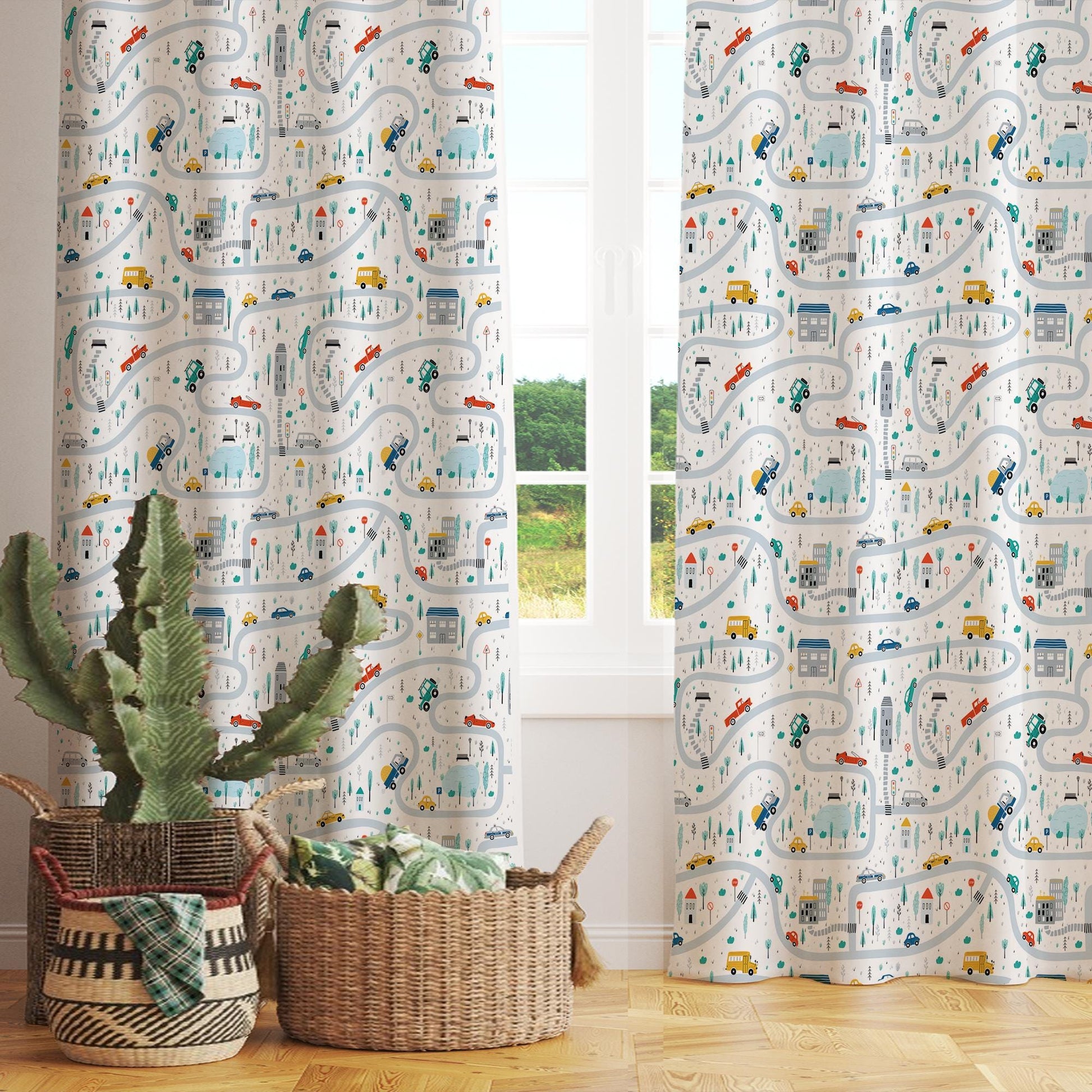Car City Road Map Nursery Curtains - Custom Size Kids Room Drapes & Pillow Covers, Toddler Room Decor, City Road Theme Gift
