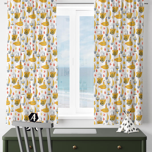 Yellow Submarine Nursery Curtains & Gift Pillow Covers - Custom Kids Room Drapes, Toddler Marine Decor, Gift, Custom Size Options