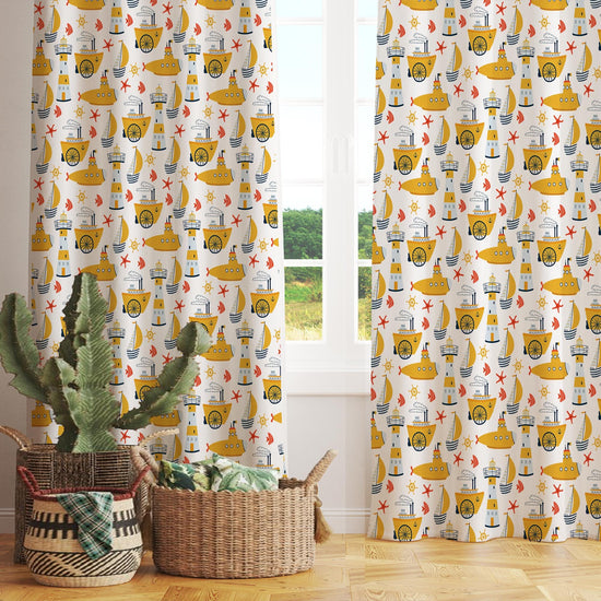 Yellow Submarine Nursery Curtains & Gift Pillow Covers - Custom Kids Room Drapes, Toddler Marine Decor, Gift, Custom Size Options