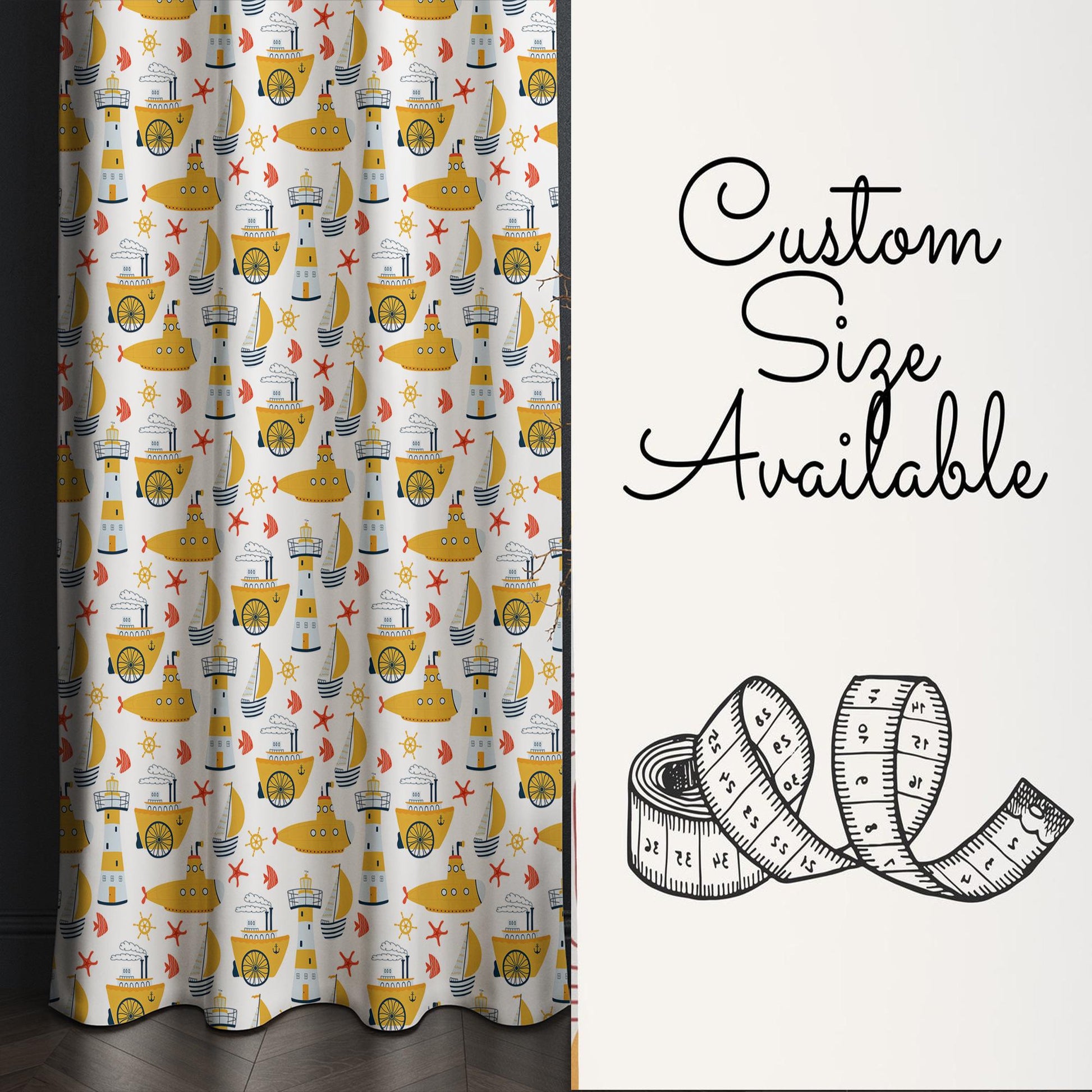 Yellow Submarine Nursery Curtains & Gift Pillow Covers - Custom Kids Room Drapes, Toddler Marine Decor, Gift, Custom Size Options