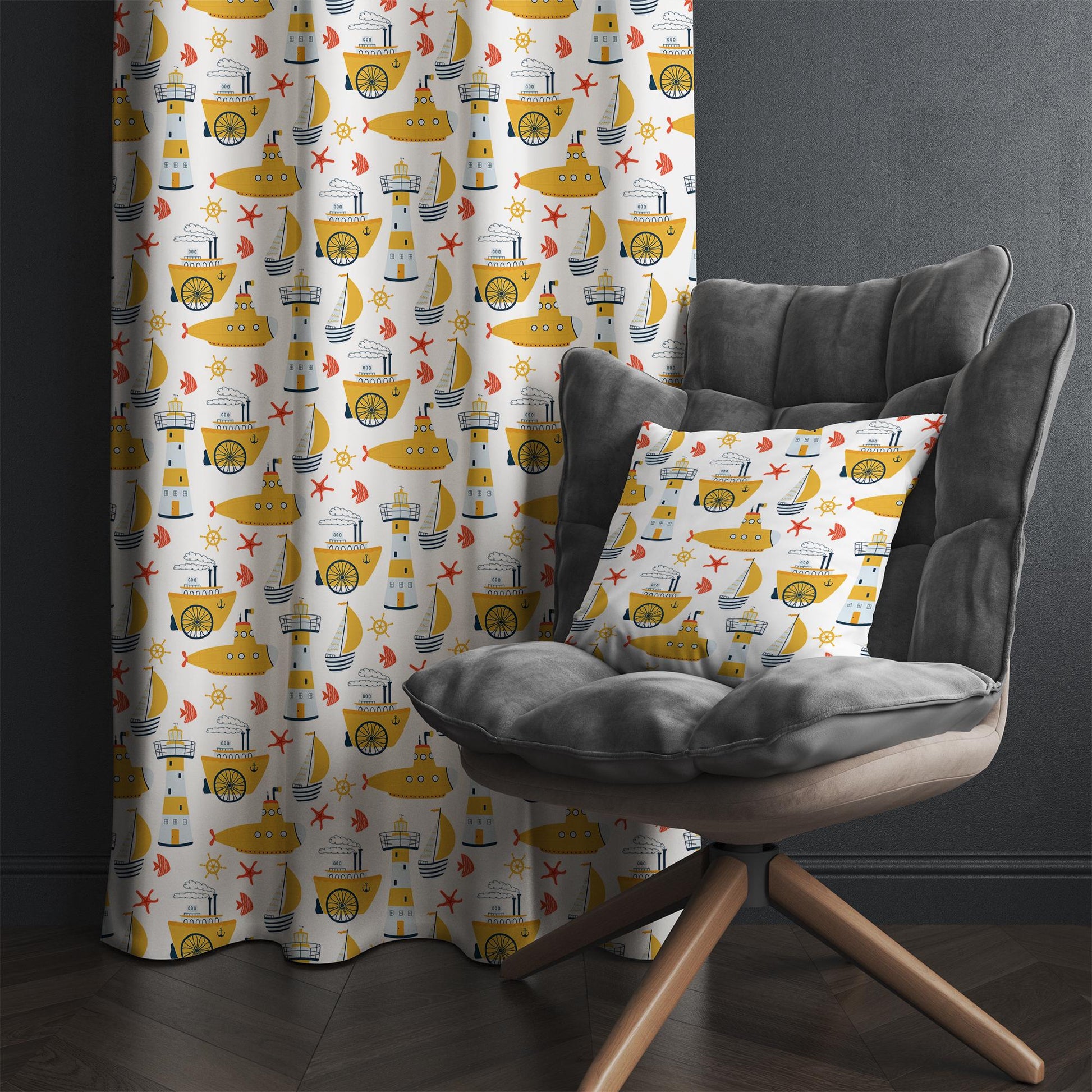 Yellow Submarine Nursery Curtains & Gift Pillow Covers - Custom Kids Room Drapes, Toddler Marine Decor, Gift, Custom Size Options
