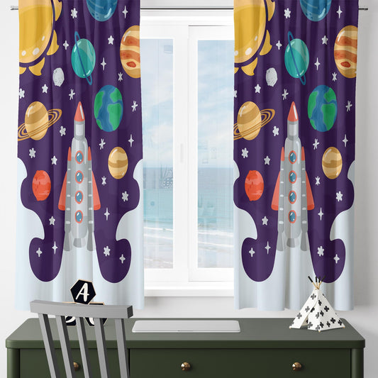 Galaxy Space Nursery Curtains & Gift Pillow Covers - Rocket Stars Planet Kids Room Drapes, Toddler Decor Gift, Custom Room Window Treatment