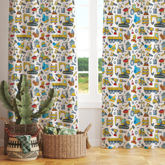 Kids Nursery Curtains Construction Equipment Theme Bulldozer Hammer Saw Window Drapes Custom Size Room Decor Gift Pillow Covers