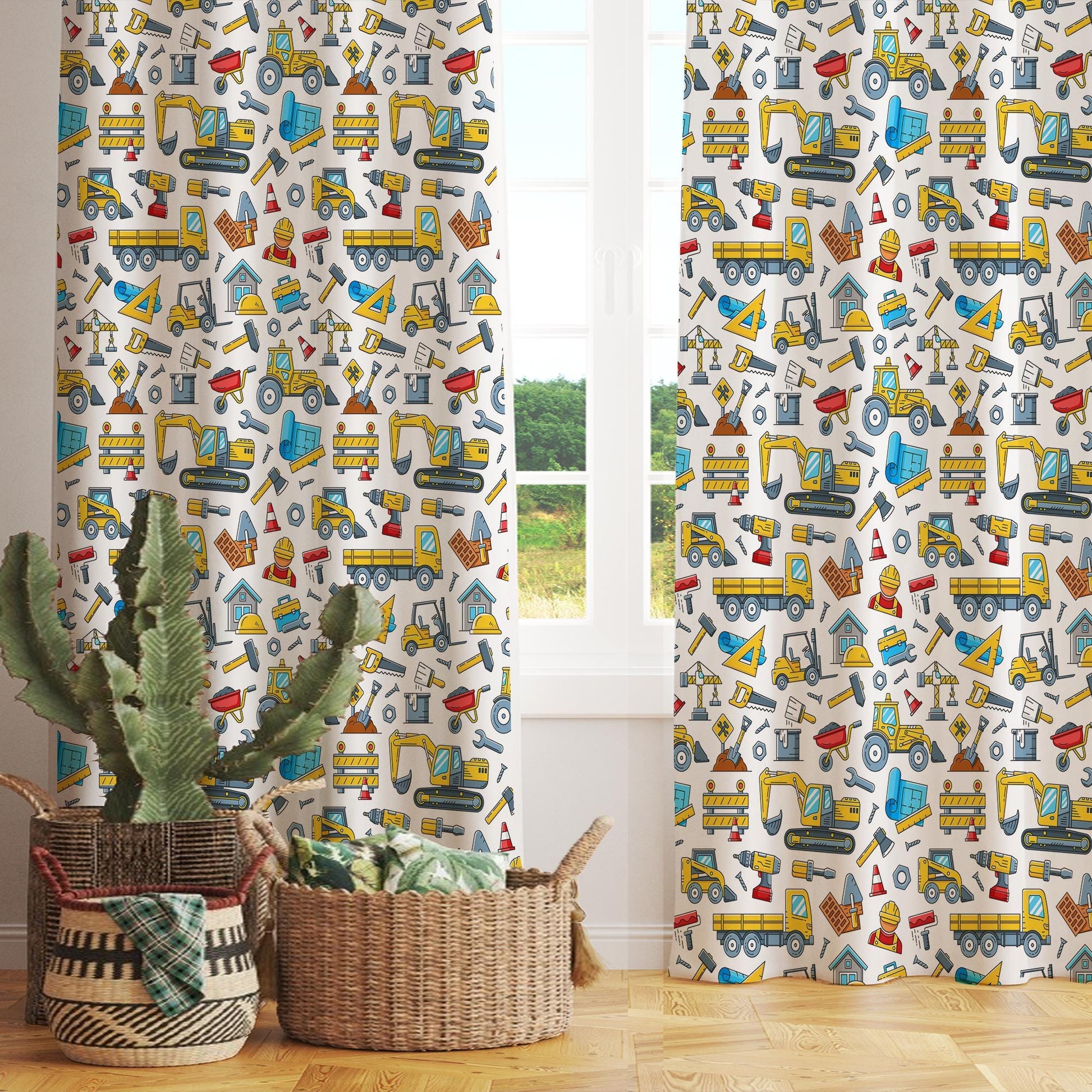 Kids Nursery Curtains Construction Equipment Theme Bulldozer Hammer Saw Window Drapes Custom Size Room Decor Gift Pillow Covers