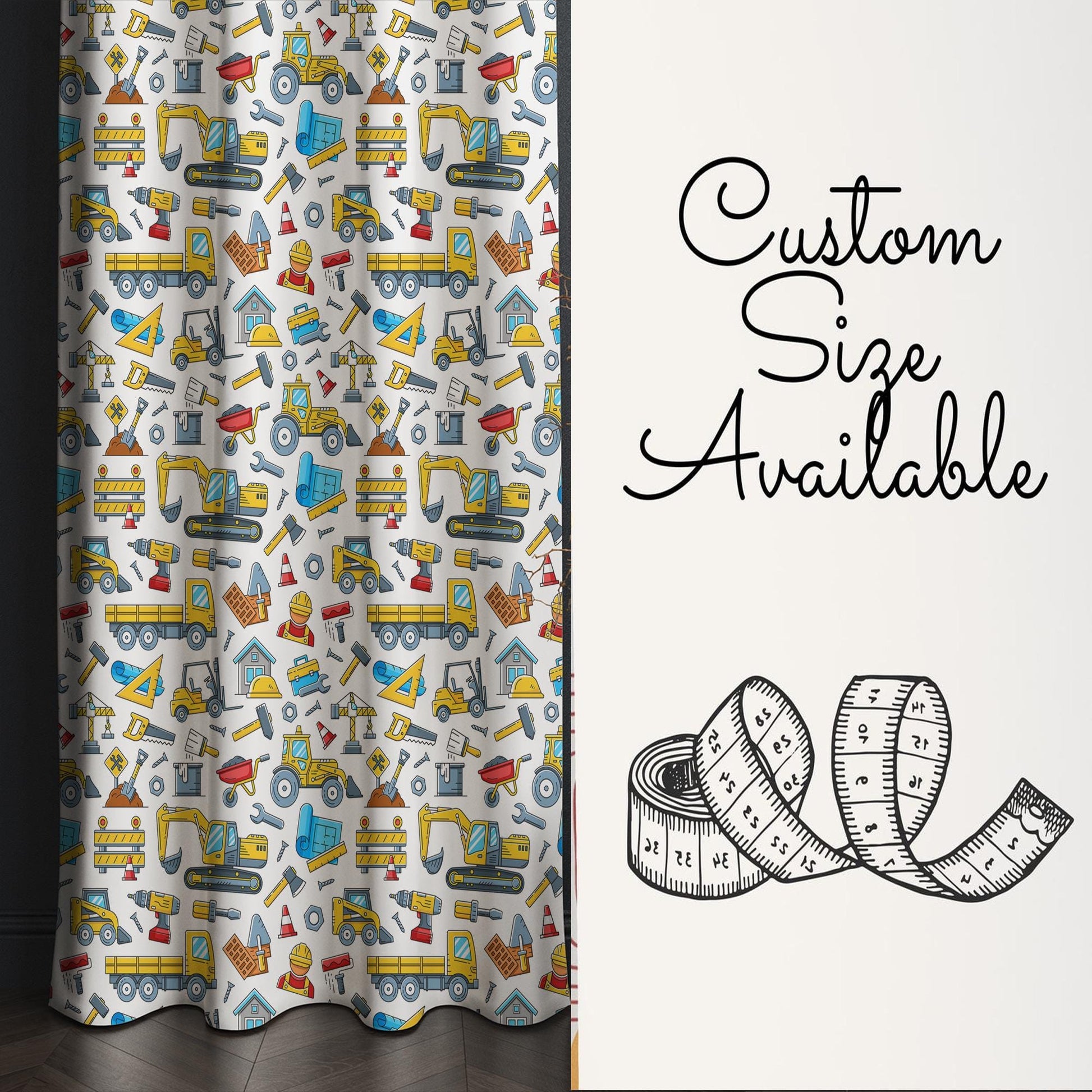 Kids Nursery Curtains Construction Equipment Theme Bulldozer Hammer Saw Window Drapes Custom Size Room Decor Gift Pillow Covers
