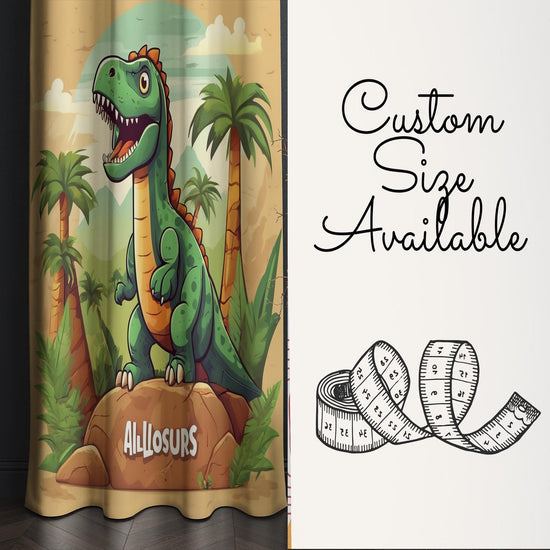 Green Dinosaur Nursery Curtains with Ancient Palm Trees – Custom Size Kids Window Drapes & Matching Pillow Covers Room Decor Gift