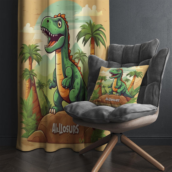 Green Dinosaur Nursery Curtains with Ancient Palm Trees – Custom Size Kids Window Drapes & Matching Pillow Covers Room Decor Gift
