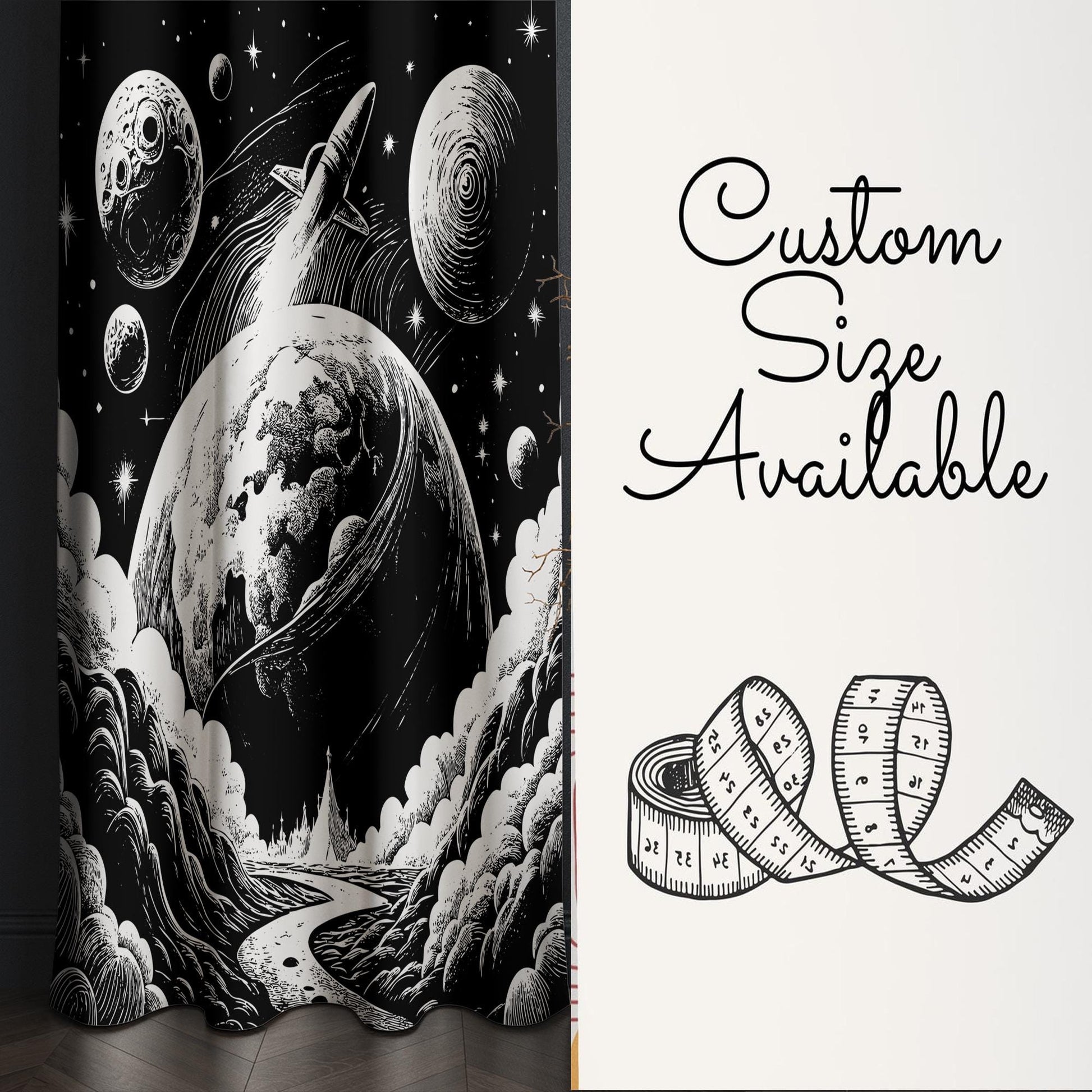 Black White Moon Stars Kids Nursery Curtains – Custom Size Window Drapes & Matching Pillow Covers, Space Room Decor Gift