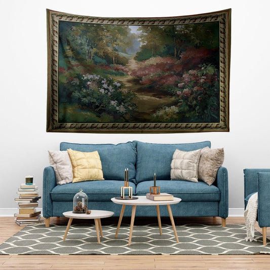Vintage French Garden Botanical Tapestry Verdure Wall Hanging with Château Garden, Moody Dark Cottagecore Decor for Bedroom and Living Room