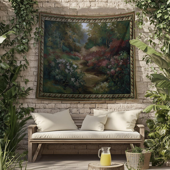 Vintage French Garden Botanical Tapestry Verdure Wall Hanging with Château Garden, Moody Dark Cottagecore Decor for Bedroom and Living Room