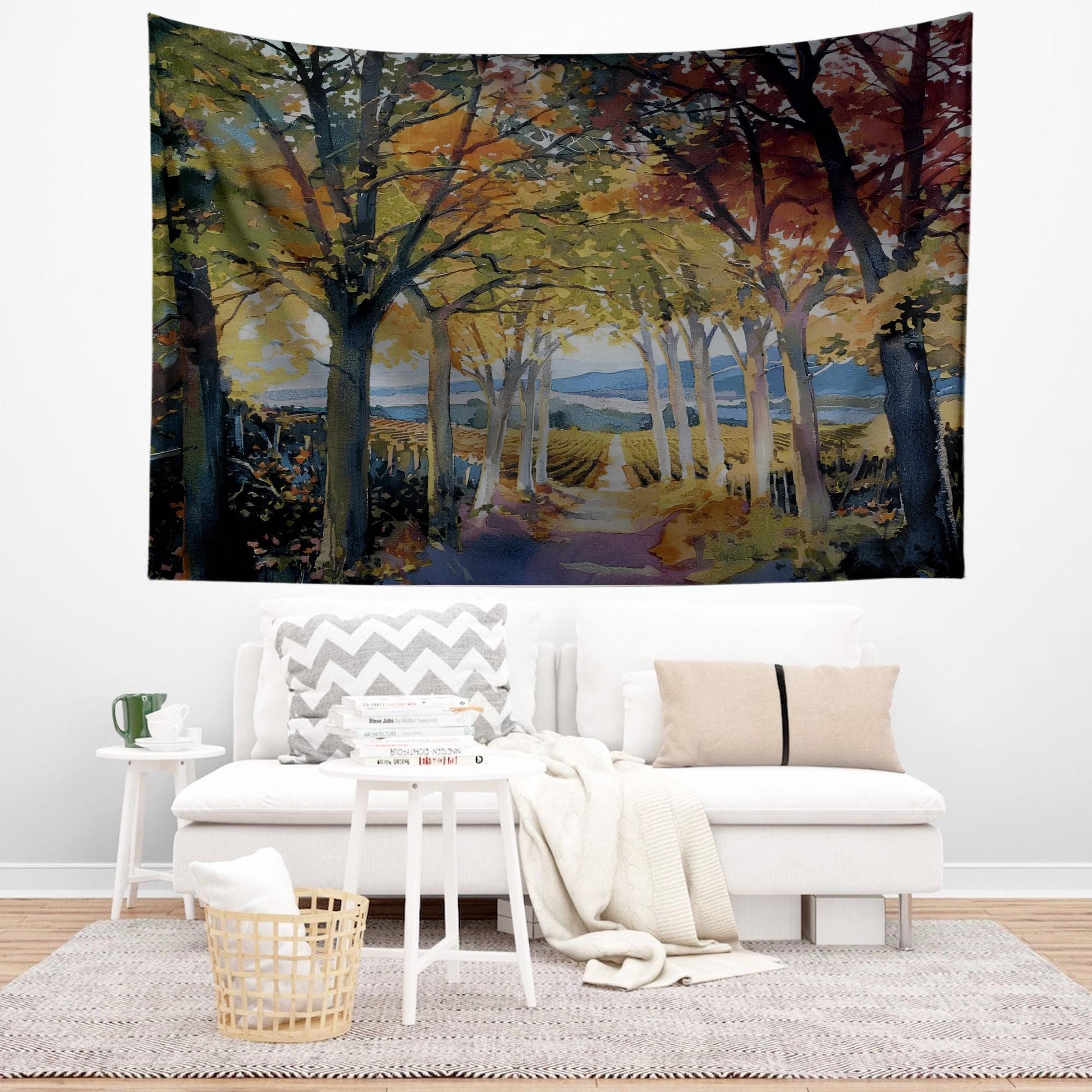 Autumn Forest Tapestry - Large Mountain Wall Hanging, Living Room Decor, Tree Landscape Scene, Nature Photo Wall Art