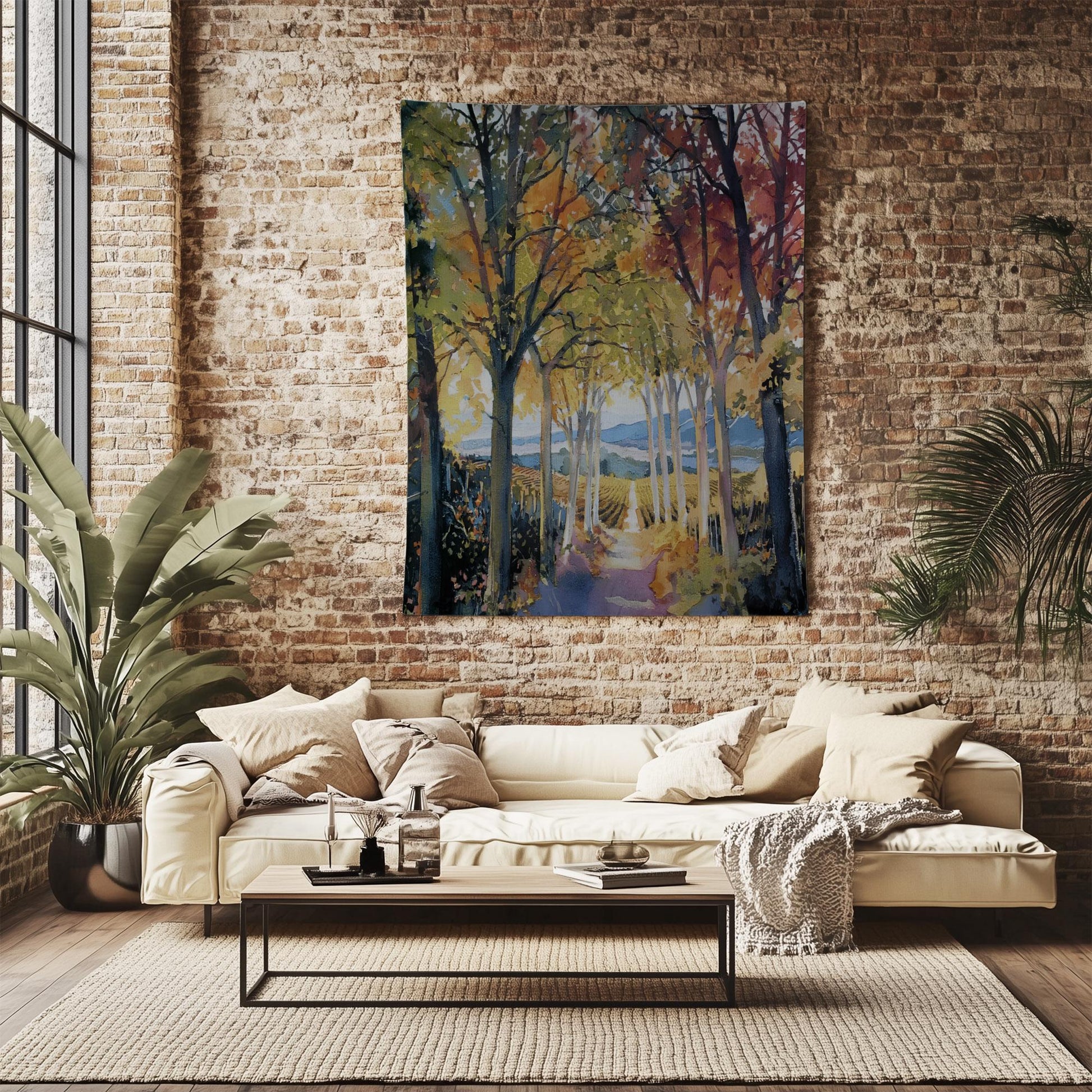 Autumn Forest Tapestry - Large Mountain Wall Hanging, Living Room Decor, Tree Landscape Scene, Nature Photo Wall Art