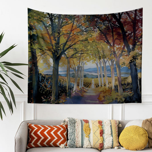 Autumn Forest Tapestry - Large Mountain Wall Hanging, Living Room Decor, Tree Landscape Scene, Nature Photo Wall Art