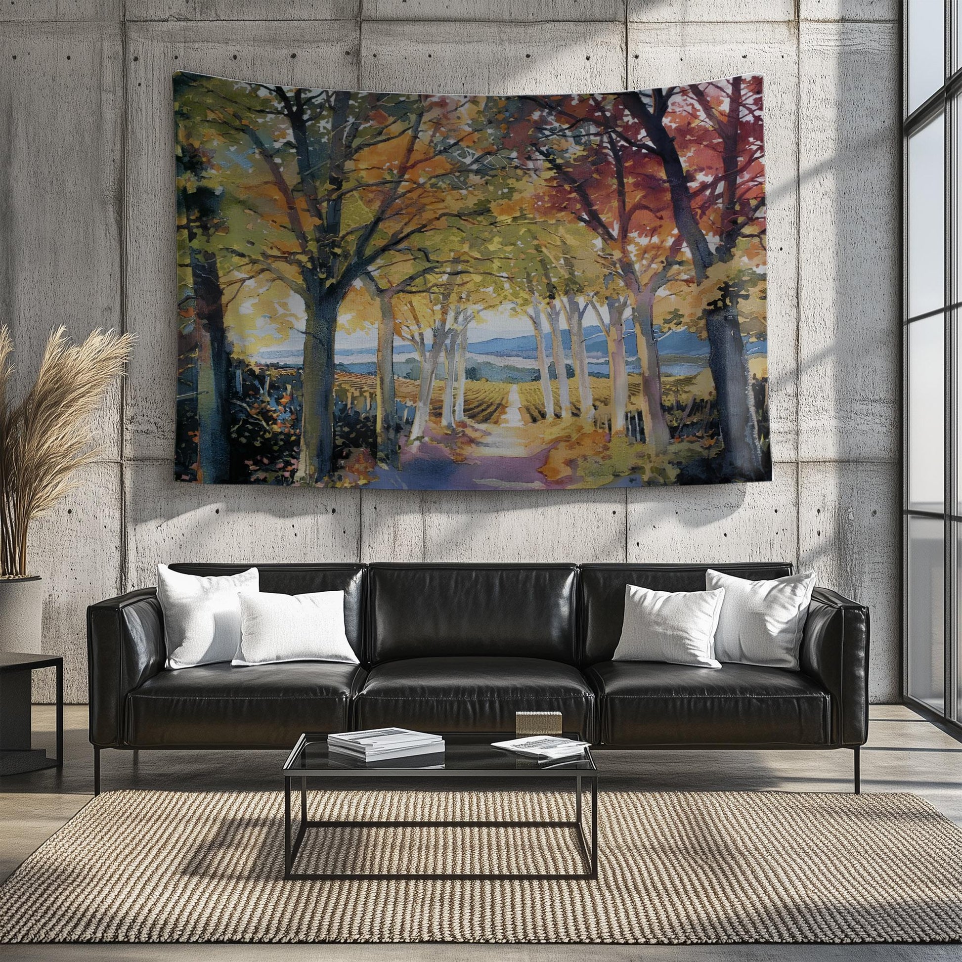 Autumn Forest Tapestry - Large Mountain Wall Hanging, Living Room Decor, Tree Landscape Scene, Nature Photo Wall Art