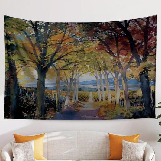 Autumn Forest Tapestry Wall Hanging, Mountain Landscape Nature Photo, Cozy Fall Living Room Decor, Tree Botanical Art, Seasonal Home Accent