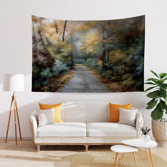 Watercolor Forest Tapestry Wall Hanging, Woodland Path Tree Art, Cozy Fall Living Room Decor, Seasonal Nature Wall Accent
