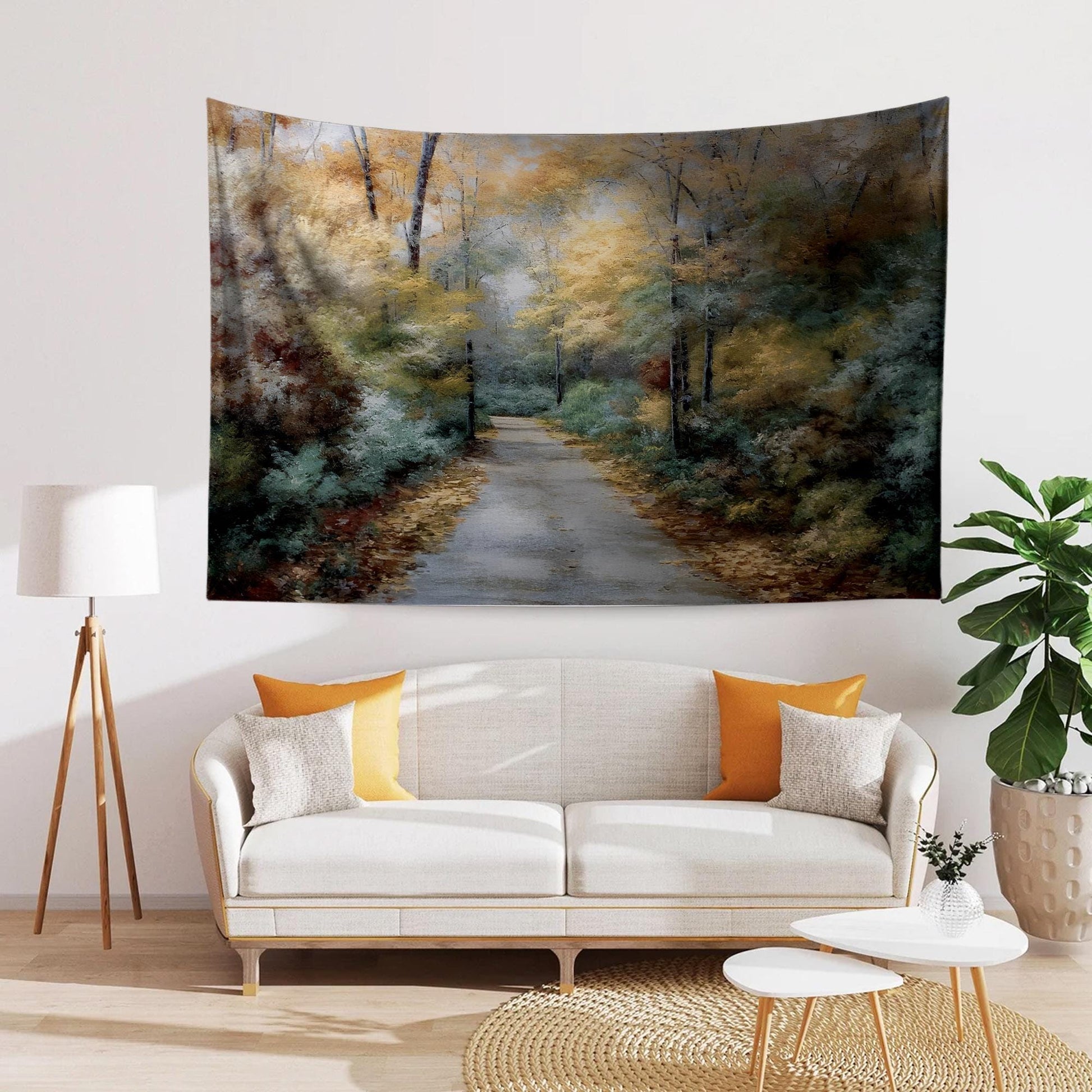 Watercolor Forest Tapestry Wall Hanging, Woodland Path Tree Art, Cozy Fall Living Room Decor, Seasonal Nature Wall Accent