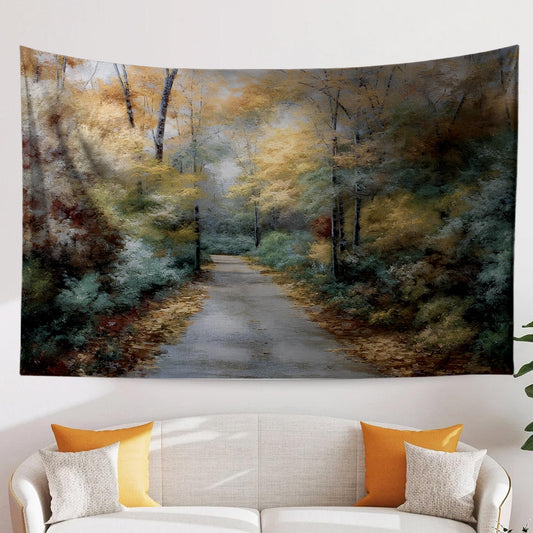 Watercolor Forest Tapestry Wall Hanging, Woodland Path Tree Art, Cozy Fall Living Room Decor, Seasonal Nature Wall Accent